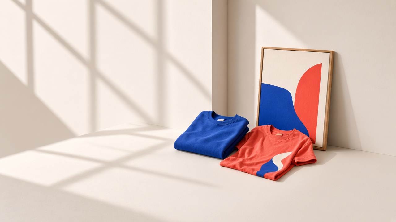 Folded blue and coral shirts beside a framed abstract print, set out as a first-product shortlist