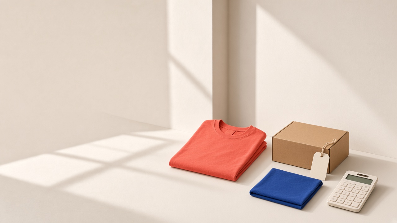 A folded shirt, shipping box, blank hang tag, and calculator laid out for a pricing check
