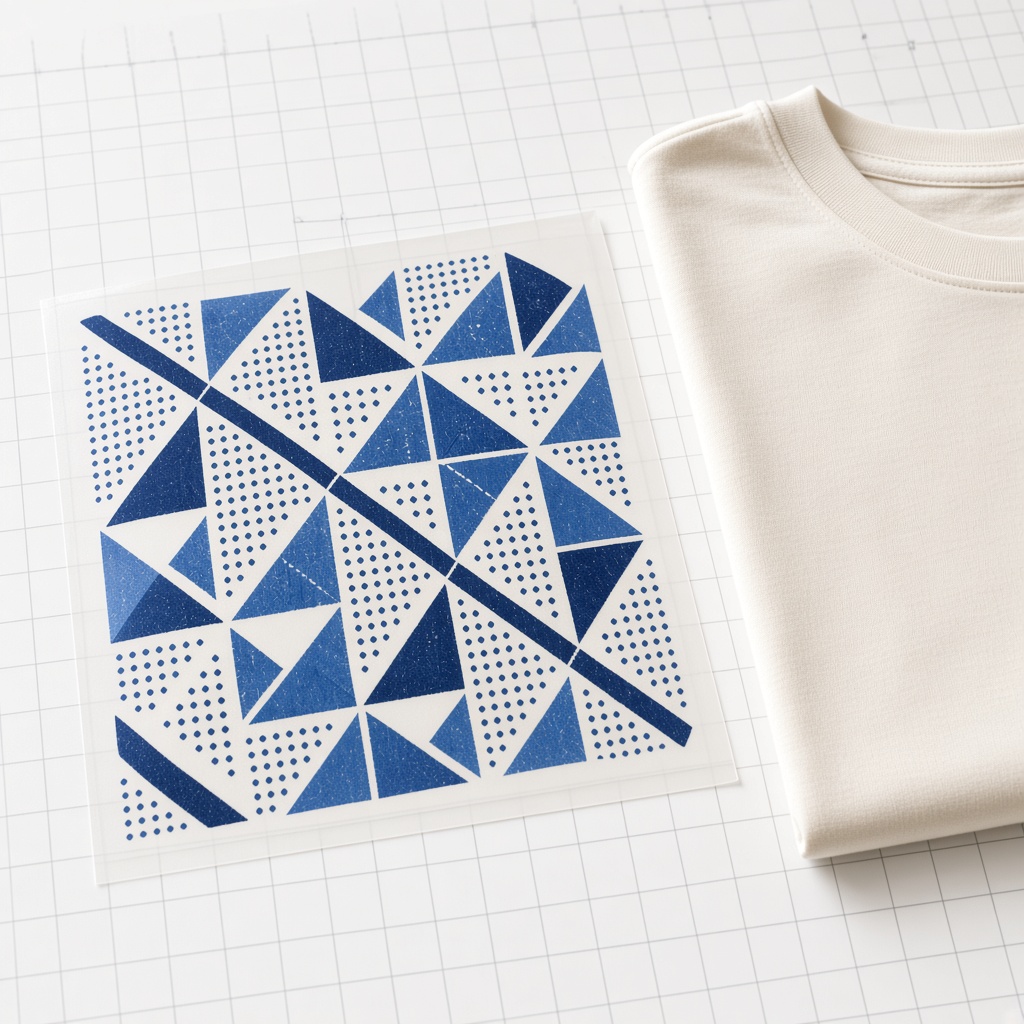 A transfer sheet prepared beside a folded garment, showing the production path from file to product