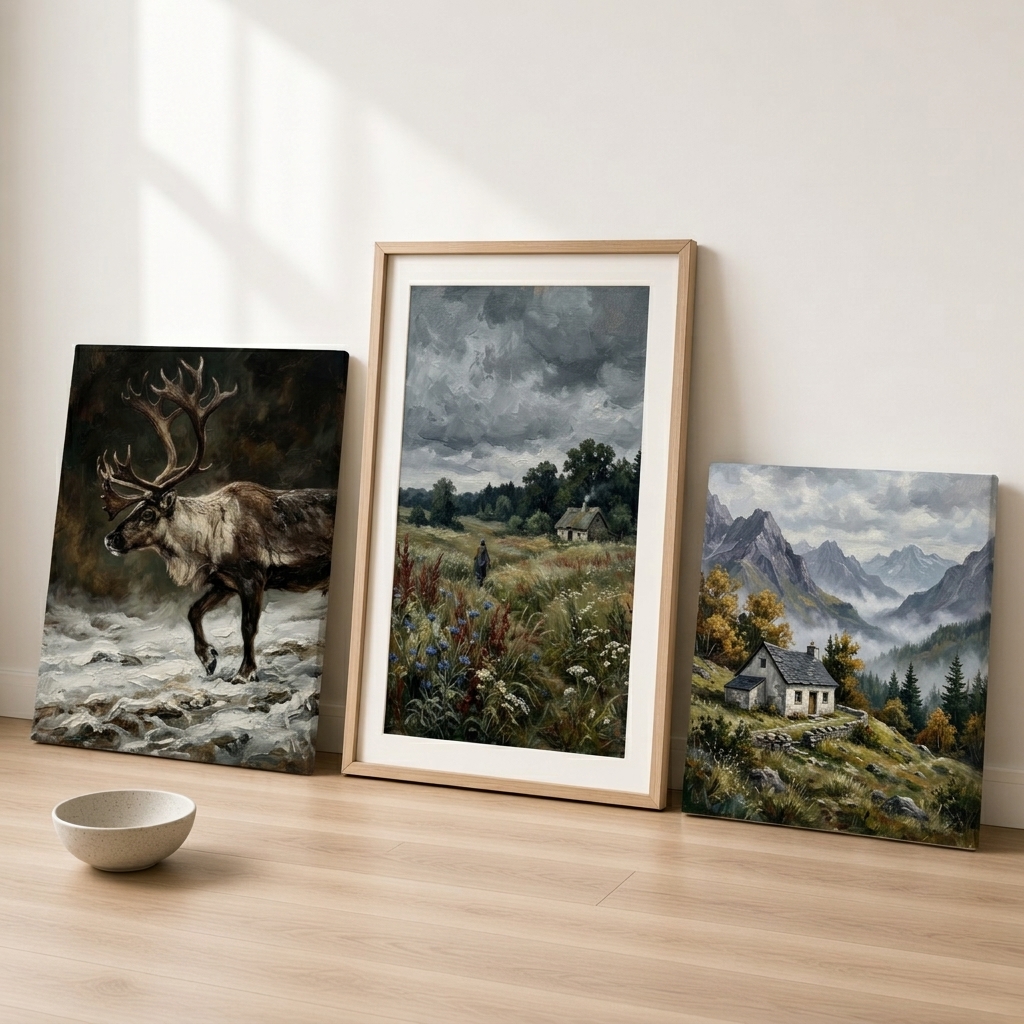 Canvas prints and a framed poster leaning against a white wall